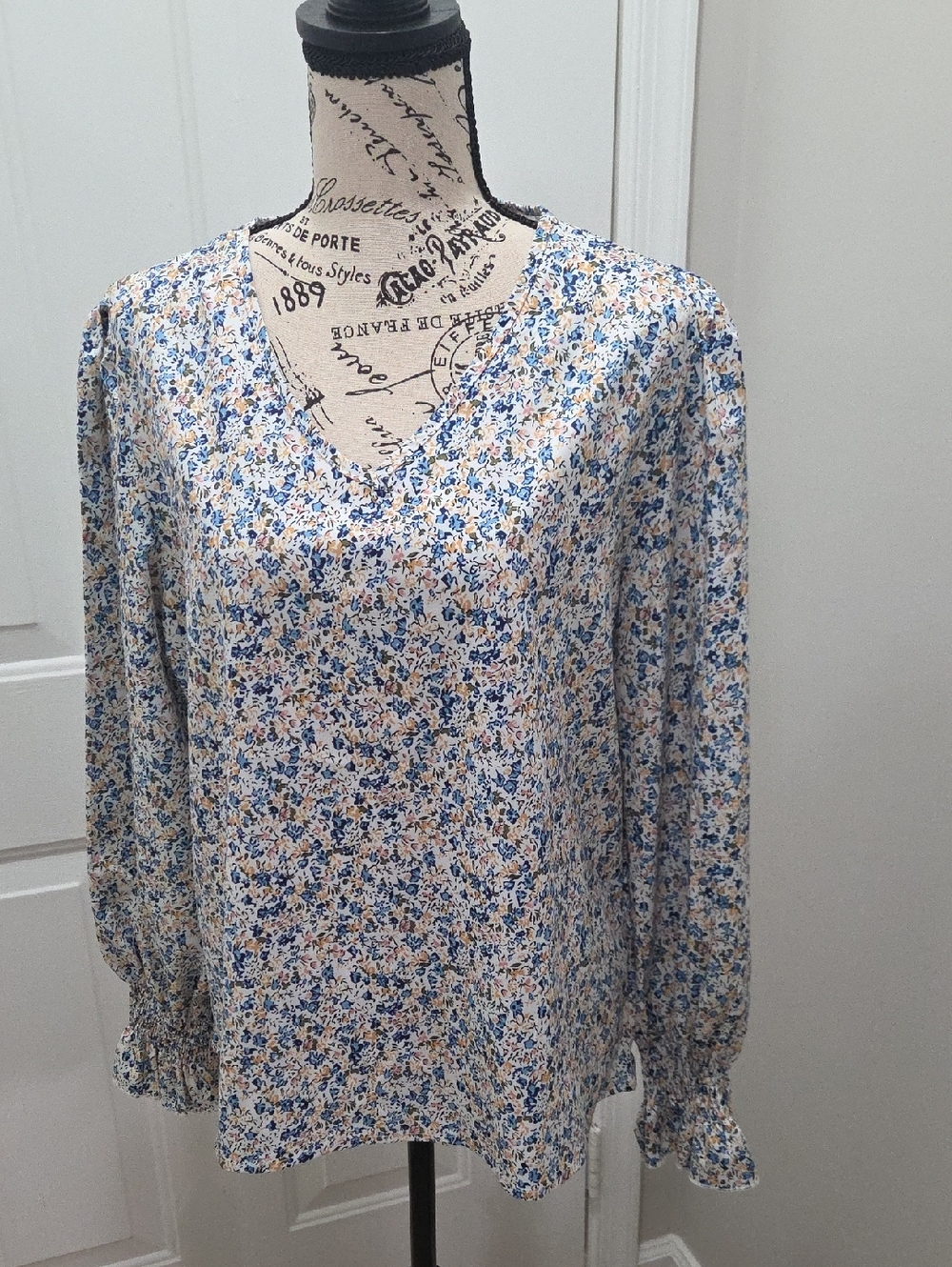 XL Floral V-Neck Long Sleeve Blouse - Blue & Cream